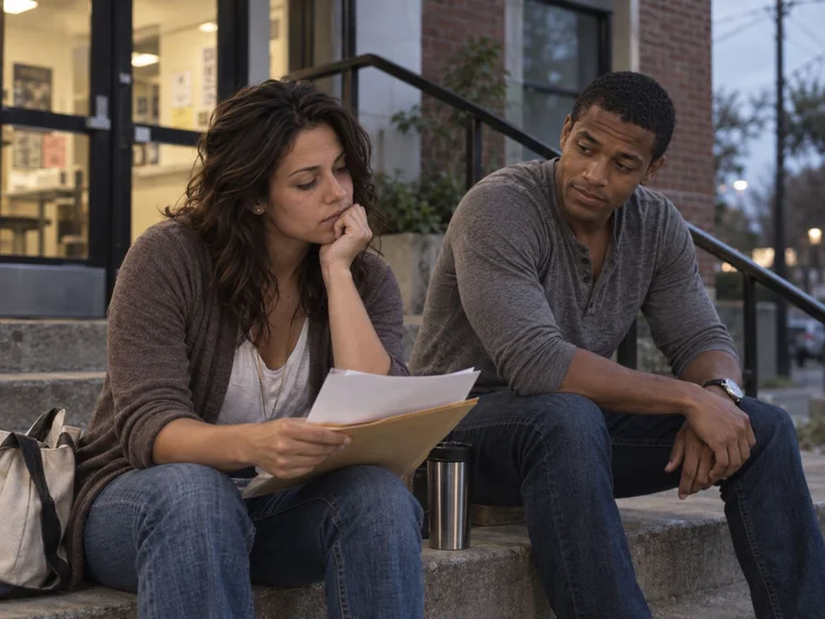 Two people together in a quiet outdoor space.