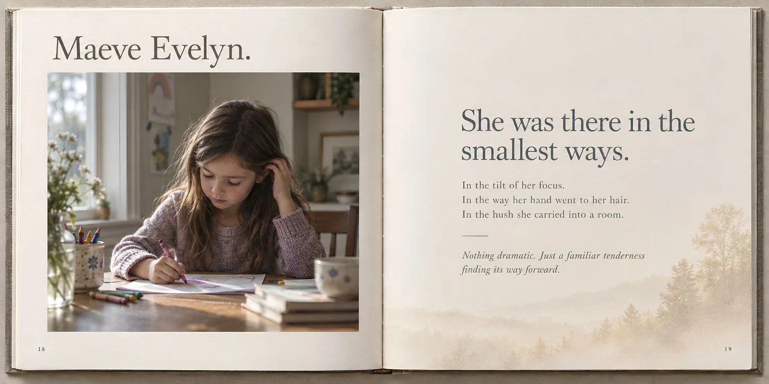 Open keepsake book spread about Maeve Evelyn and the qualities carried forward through time