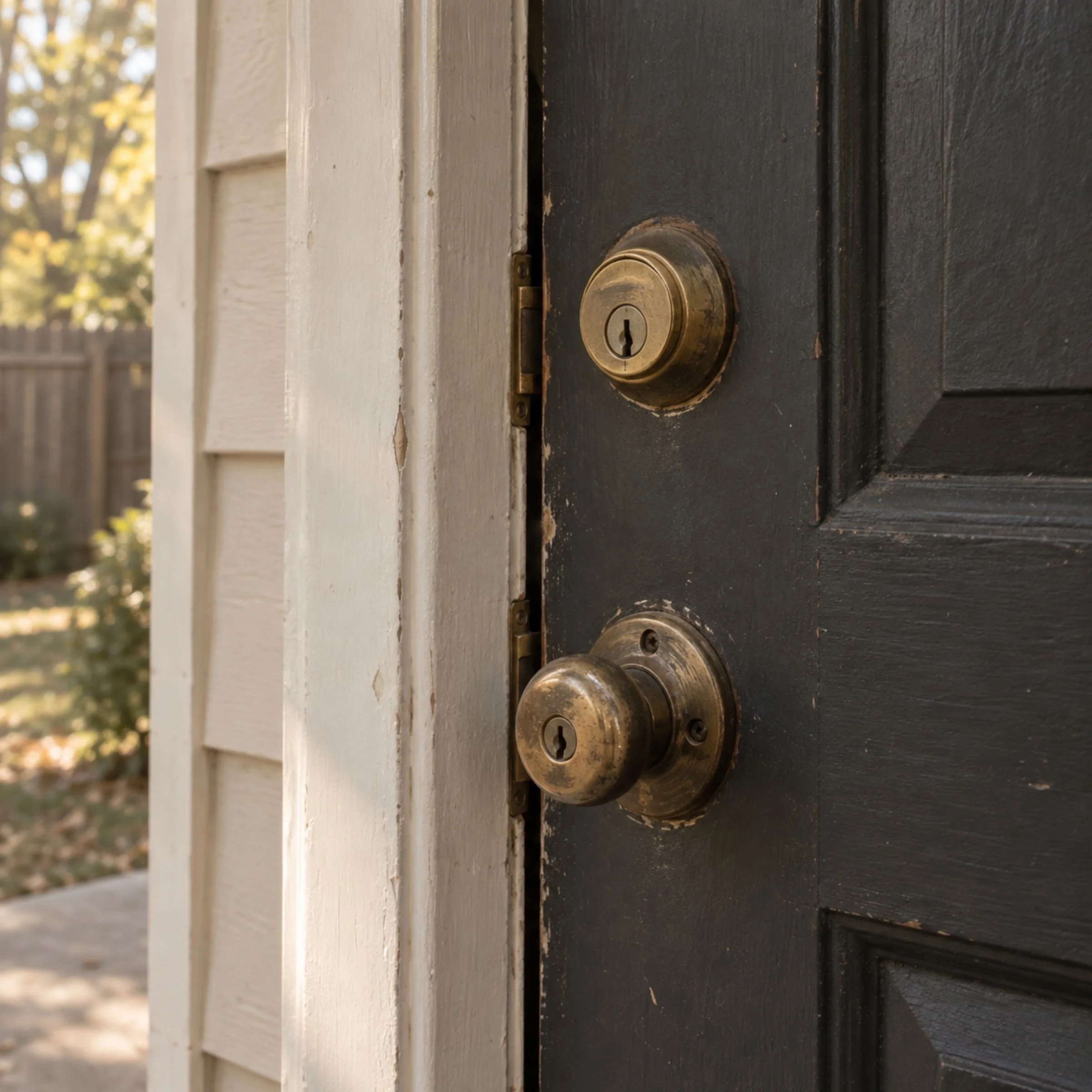 Worn brass lock and handle on the back door.