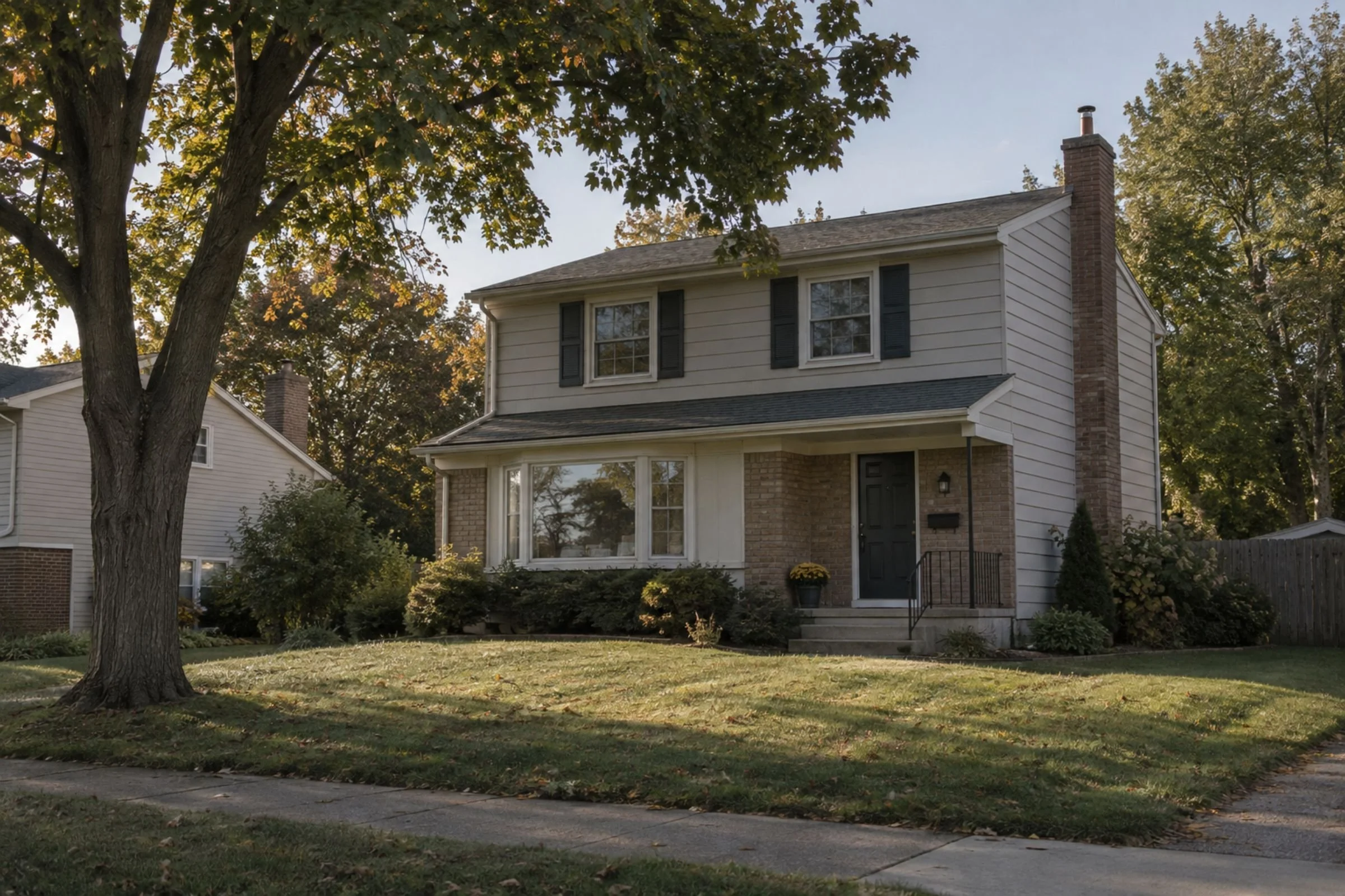 A modest two-story suburban home in quiet late-afternoon light.
