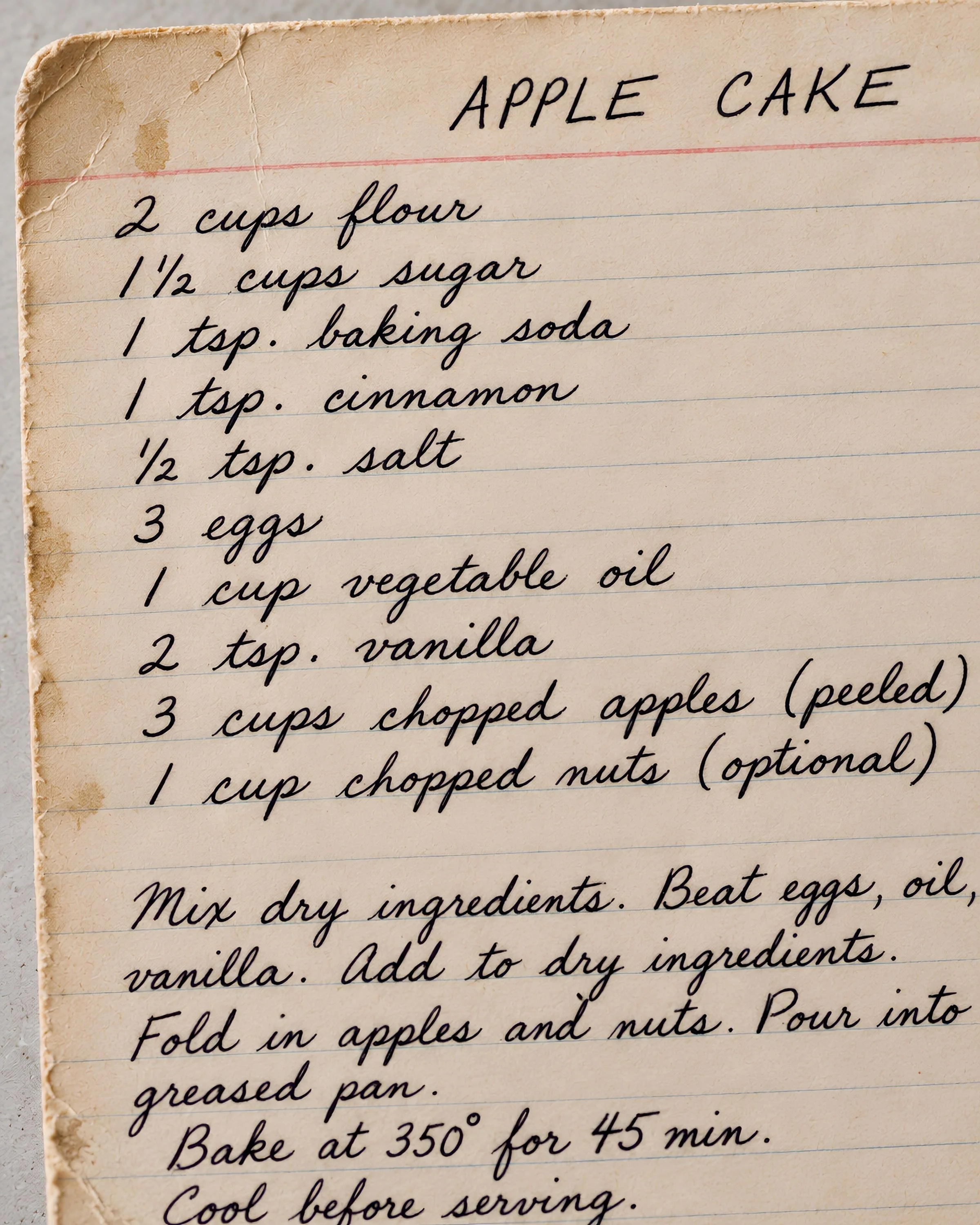 Close detail of Margaret's original handwritten Apple Cake recipe.