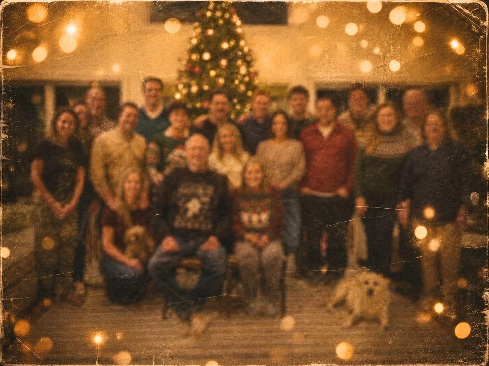 Softly blurred family gathered together in front of a Christmas tree