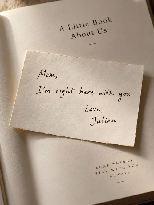 Julian's handwritten note inside the fictional keepsake book