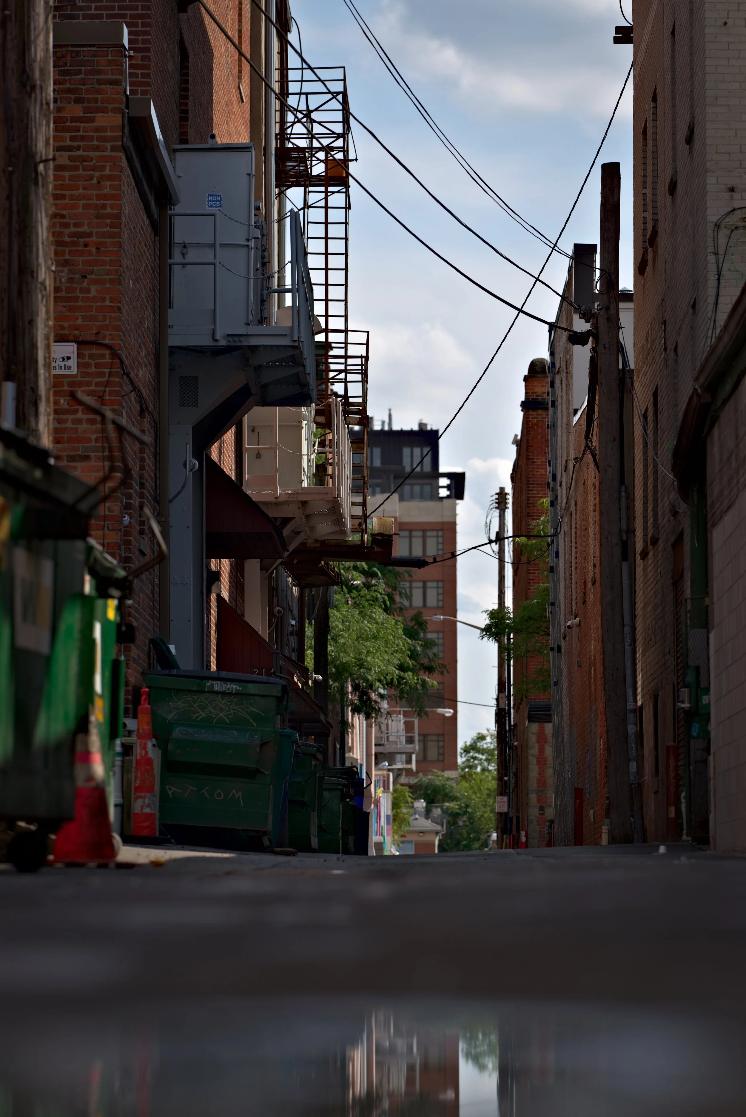An urban alleyway with brick buildings on either side, utility wires overhead, and green trash bins with graffiti on the street level.