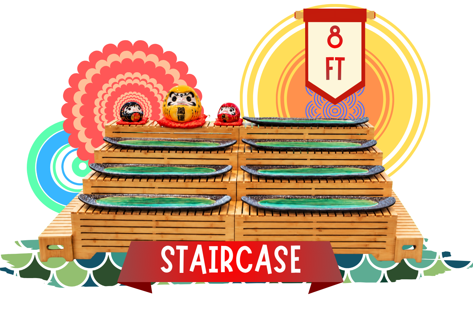 Display of wooden steps with green plates, decorative items resembling Japanese Daruma dolls, and a red banner with the word 'STAIRCASE' in white text. A yellow banner with an 8 ft height sign is in the background.