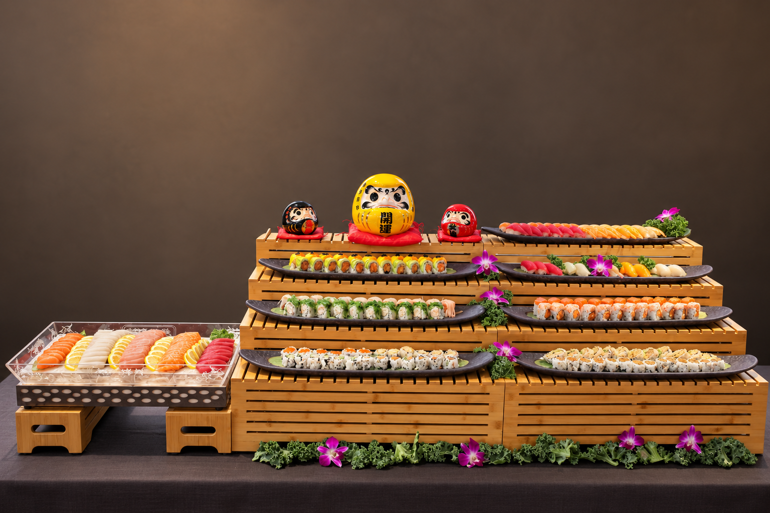 Assorted sushi and sashimi displayed on black platters and a clear tray, decorated with purple flowers and green leaves, arranged on tiered wooden stands against a dark background.
