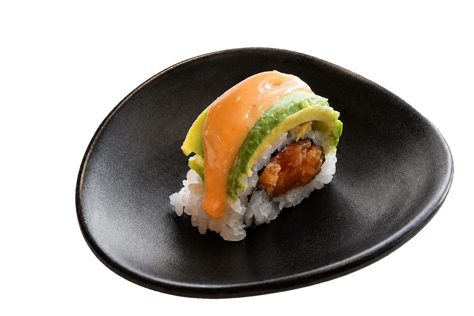 A piece of sushi with rice, avocado, salmon, and spicy mayo sauce on top, served on a black plate.