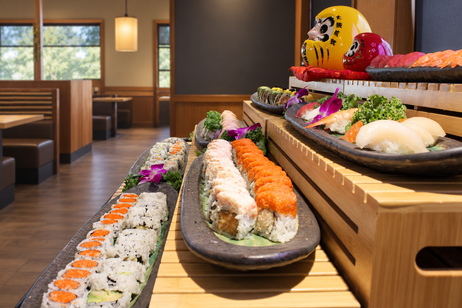 Assorted sushi rolls displayed on black plates with purple flowers and greens in a Japanese restaurant setting.