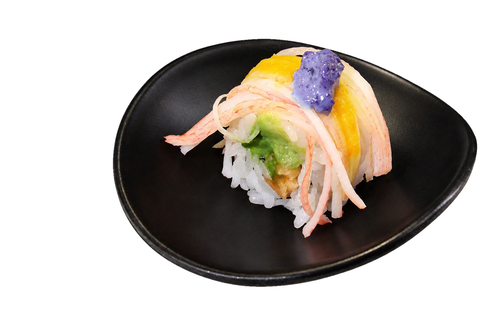 A piece of sushi with crab meat, served on a black plate with wasabi, yellow sauce, and purple sauce toppings.