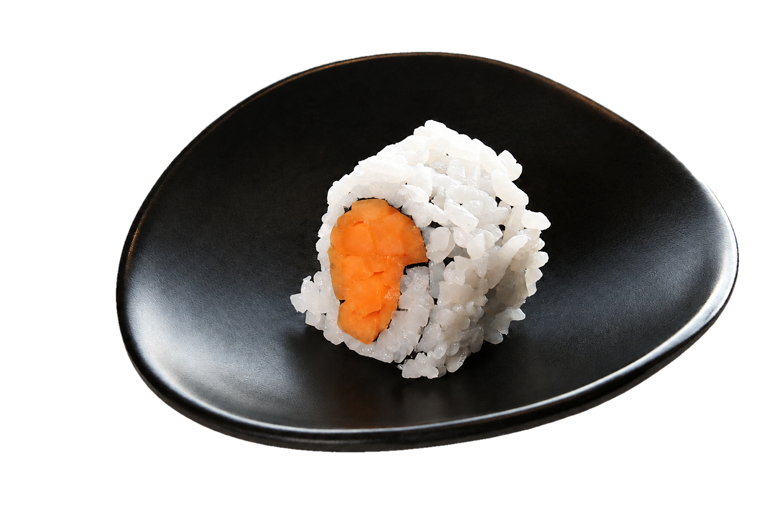 A piece of sushi with rice and salmon on a black plate.