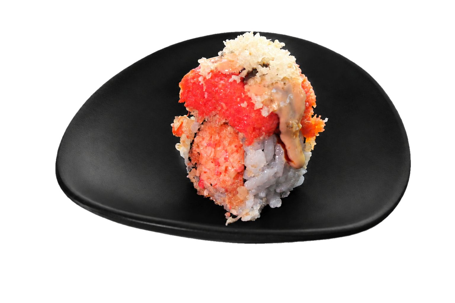 A piece of sushi with rice, topped with bright red fish roe, creamy sauce, and grated white cheese, served on a black plate
