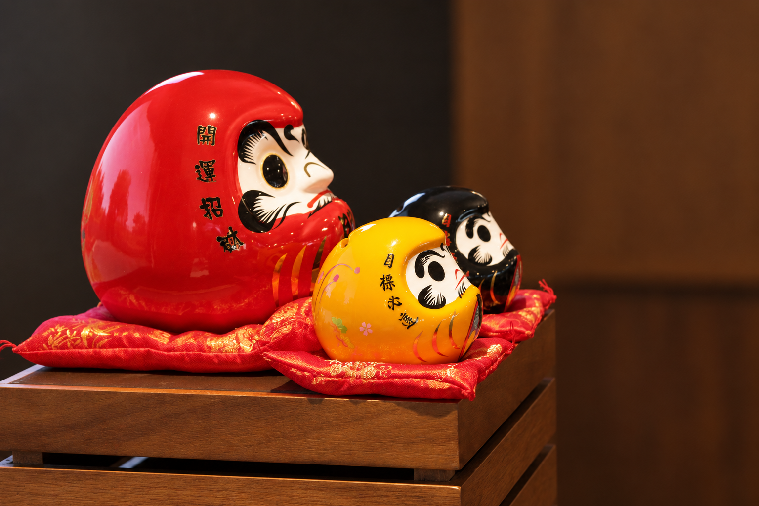 Three Daruma dolls, red, yellow, and black, placed on a red satin cushion on a wooden surface.