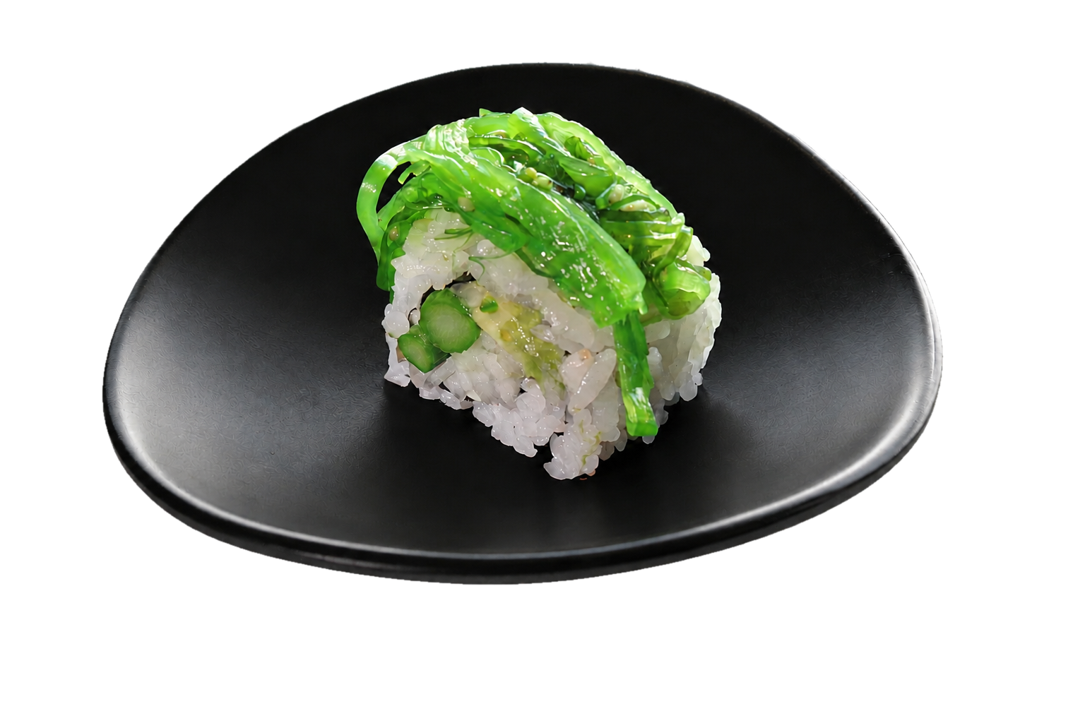 A piece of sushi with white rice, cucumber, and green seaweed on top, placed on a black plate.