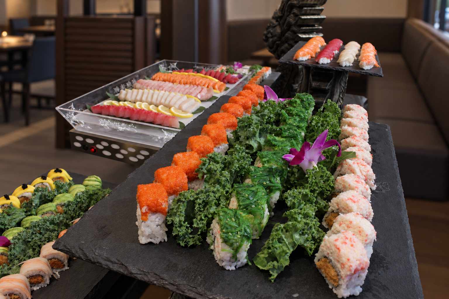 A variety of sushi rolls and sashimi on a black slate and glass platters at a restaurant buffet.
