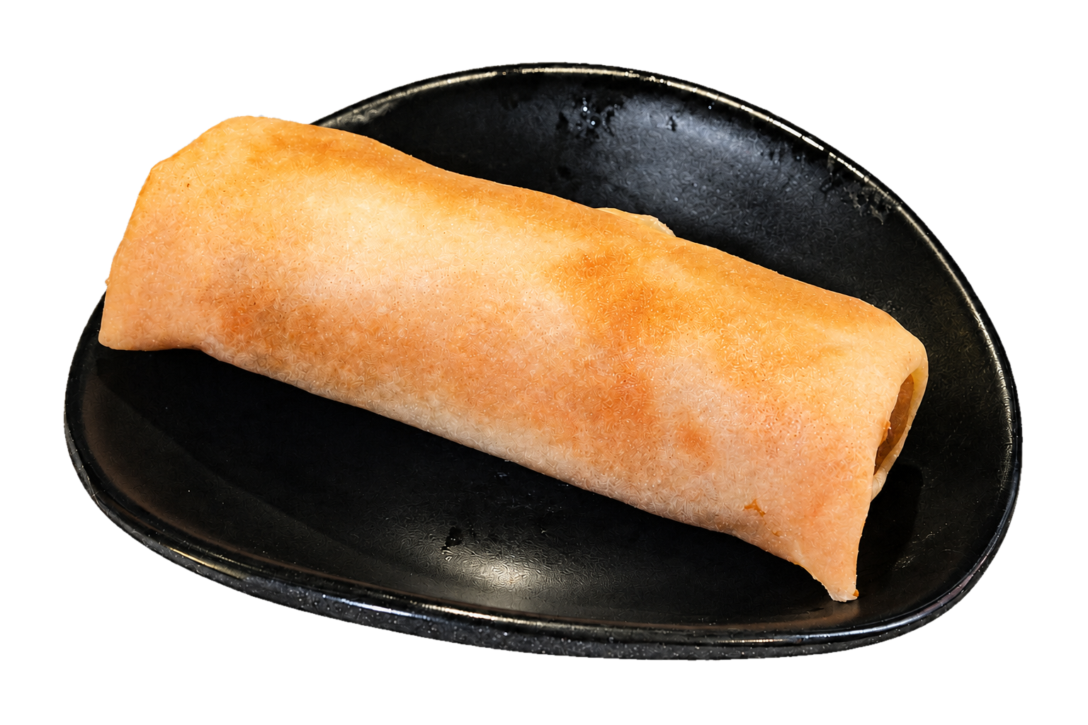 A spring roll with a golden-brown, crispy exterior on a black plate.