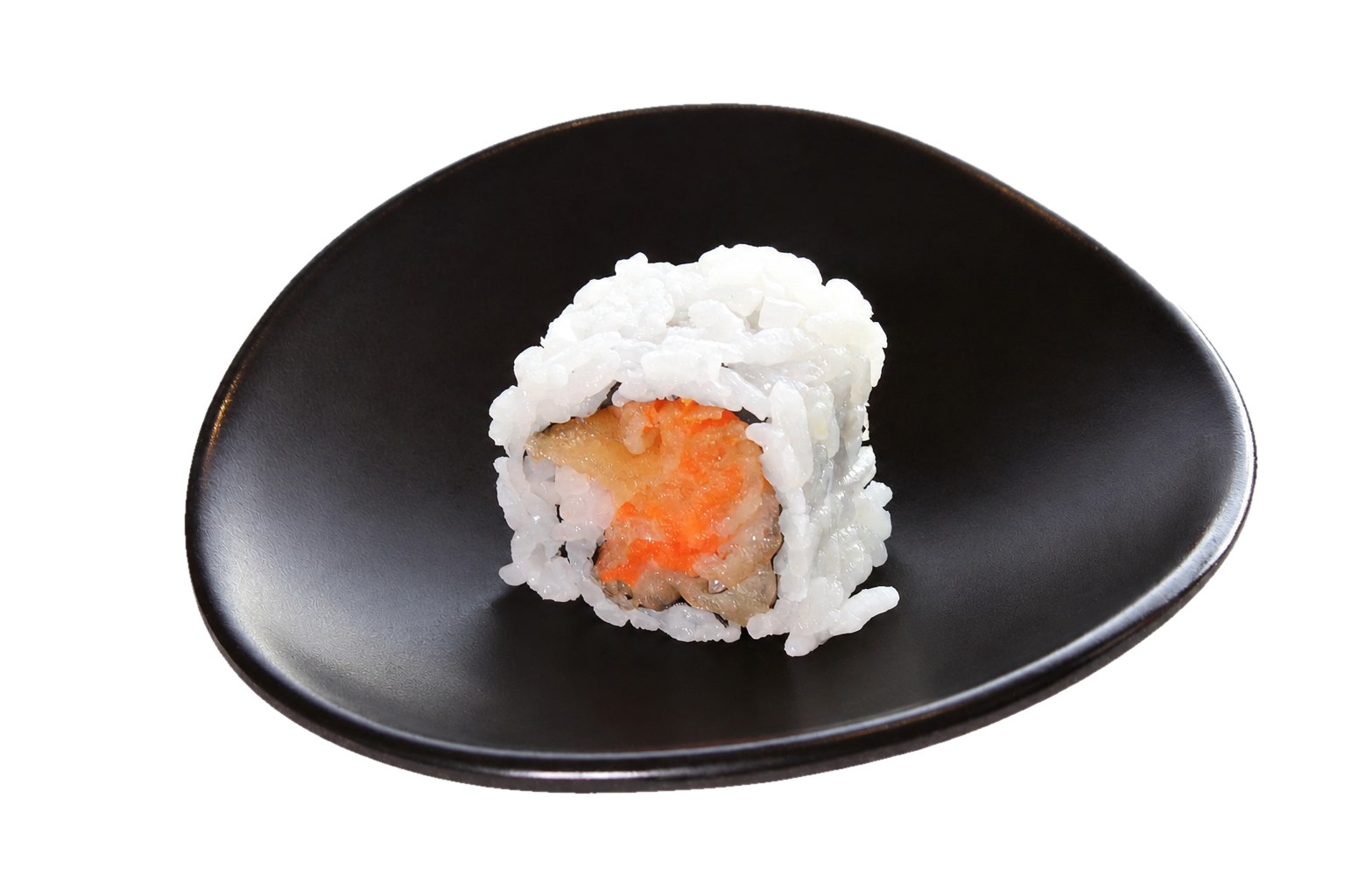 A sushi roll on a black plate, consisting of rice, raw salmon, and possibly avocado or cucumber, wrapped in seaweed.