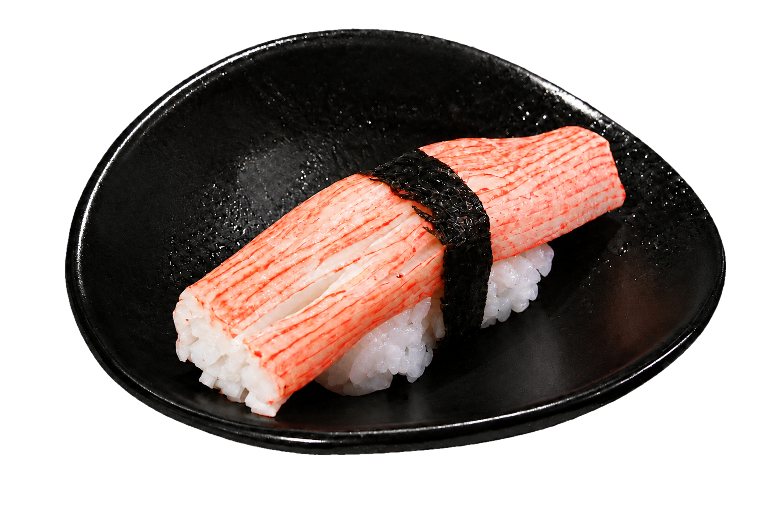 Nigiri sushi with imitation crab meat on rice, tied with seaweed in black dish.