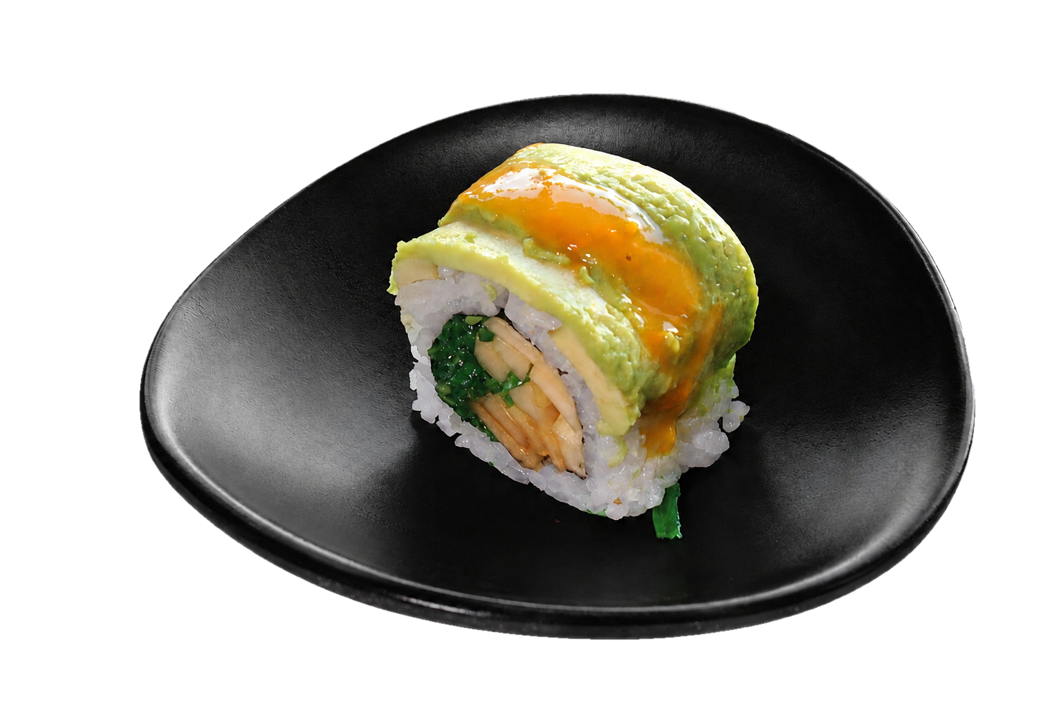Close-up of a sushi roll with avocado, fish, and vegetables on a black plate.