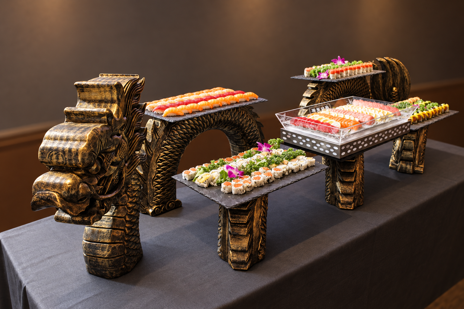 Display of assorted sushi on a decorative wooden dragon sculpture serving tray with black cloth tablecloth.
