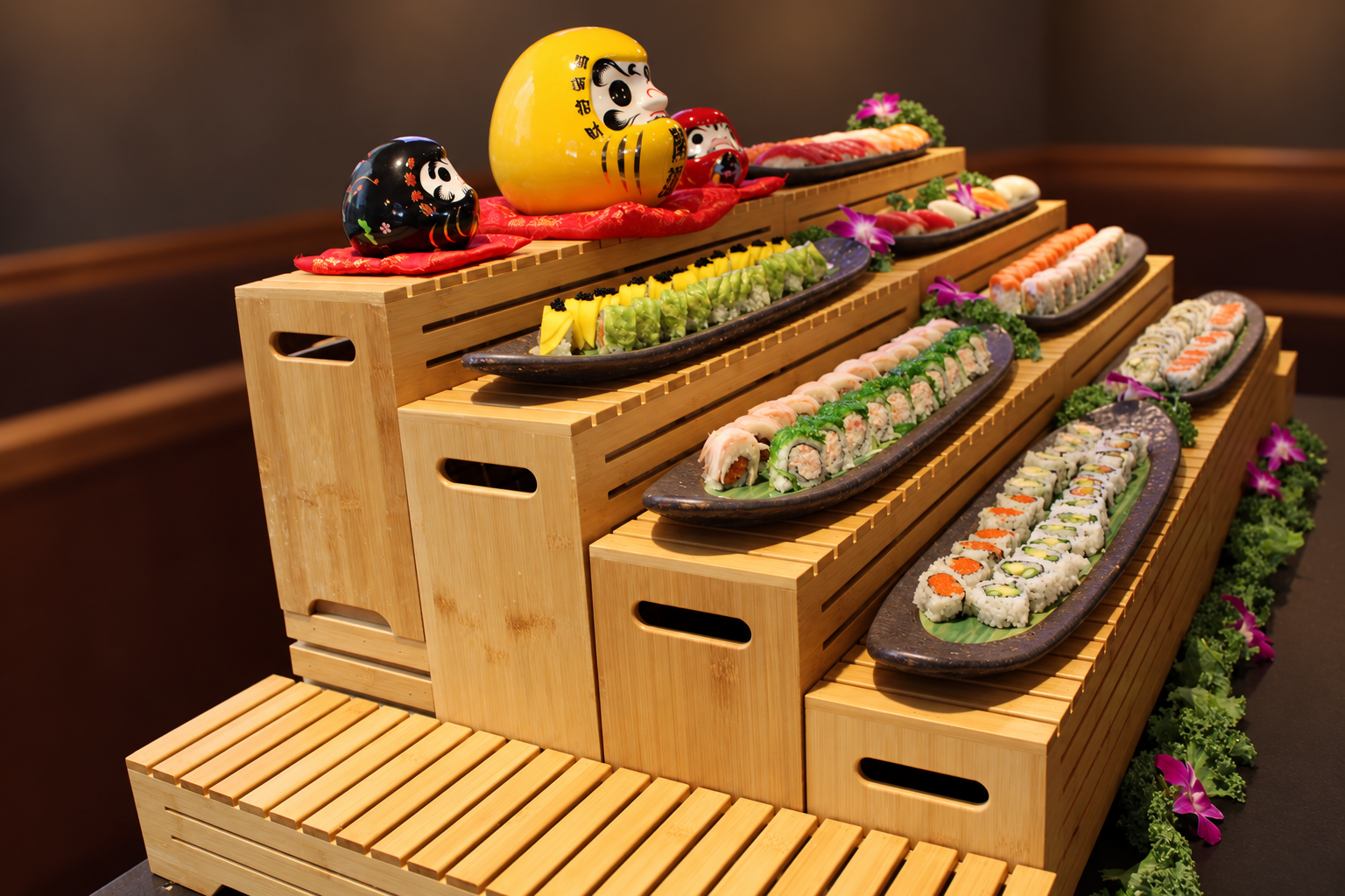 Assorted sushi rolls displayed on black platters, decorated with flowers and green garnishes, set on a multi-level wooden stand.