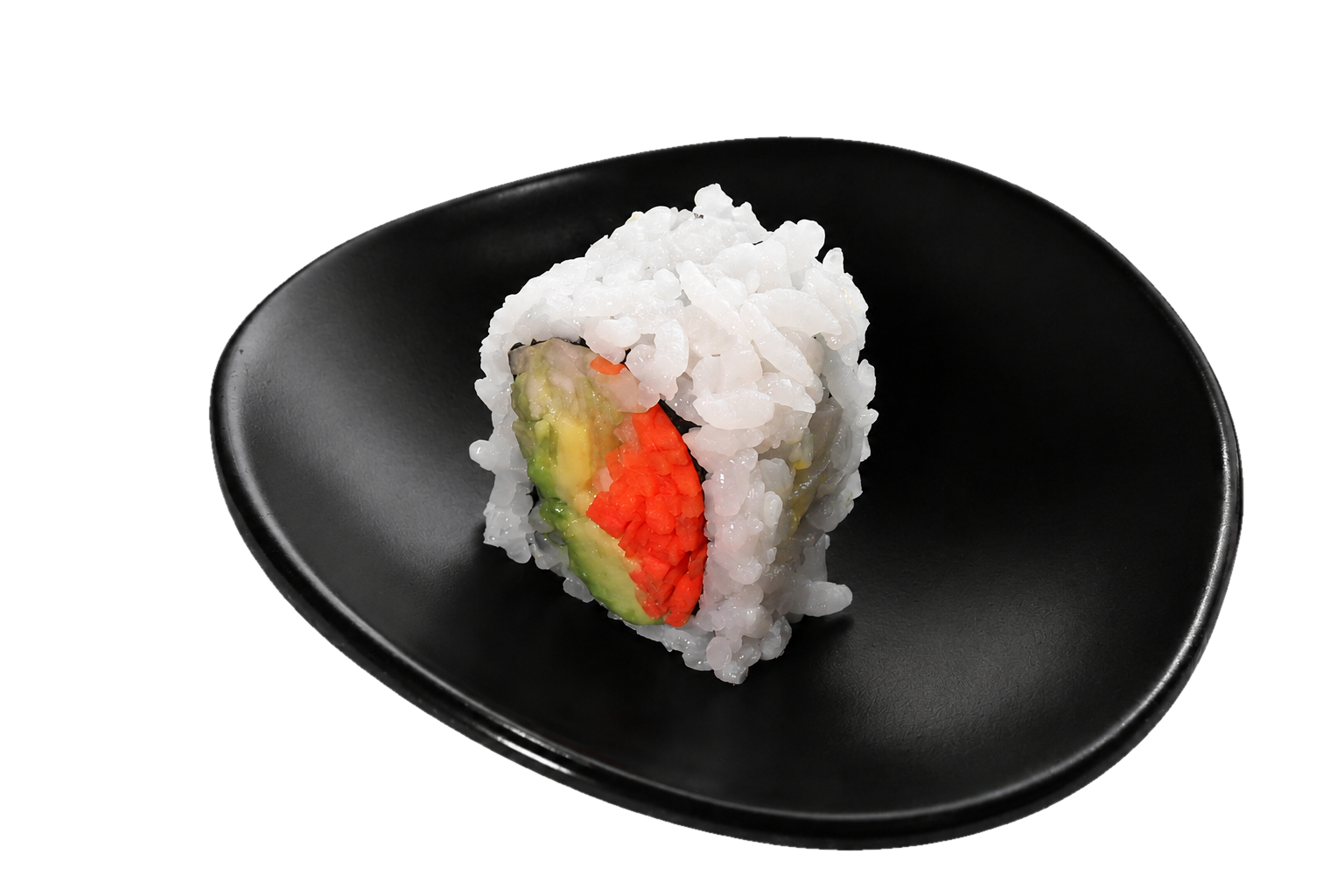 A piece of sushi roll with rice, avocado, and crab stick on a black plate.