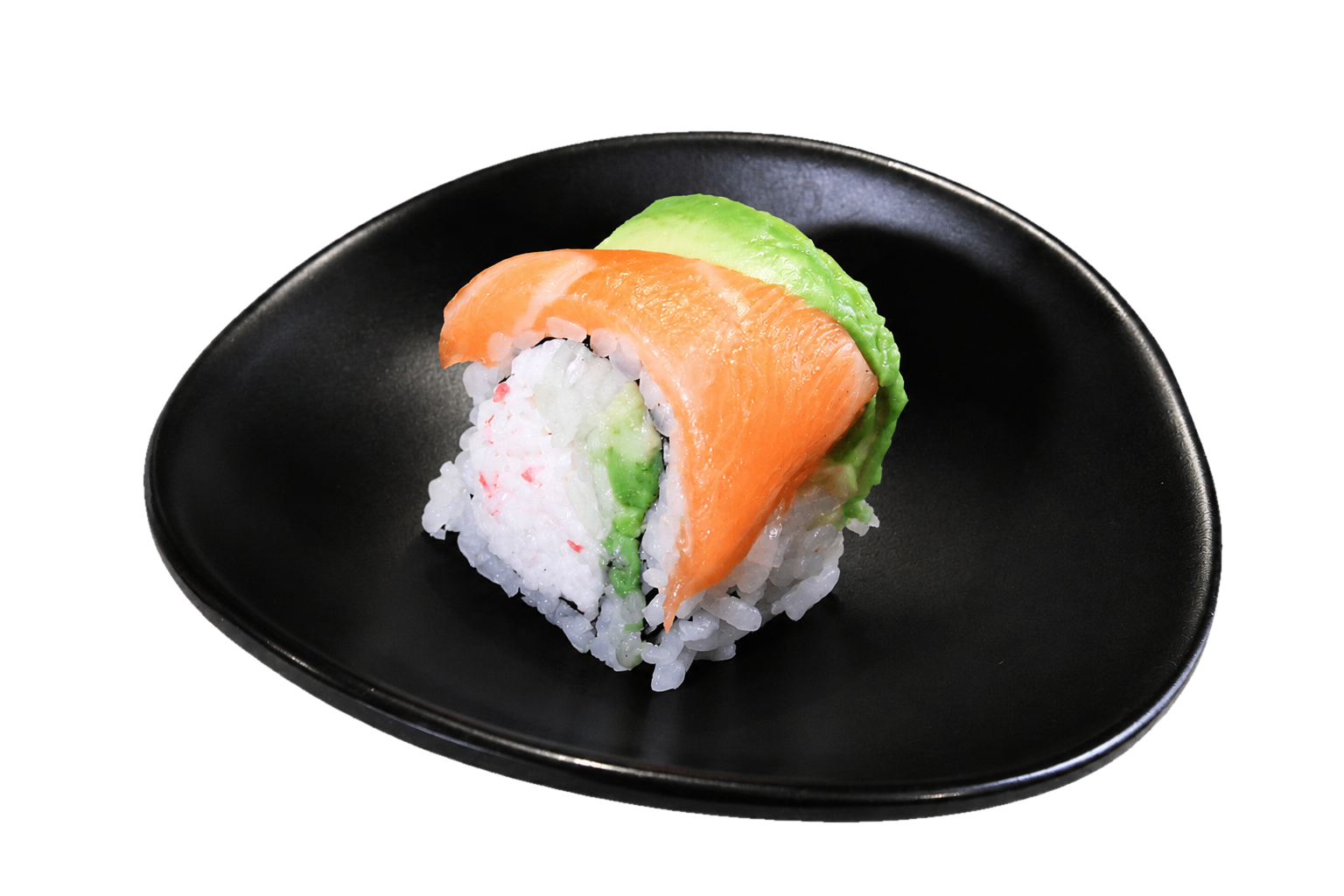 A piece of sushi with rice, avocado, cucumber, and salmon on top, served on a black plate.