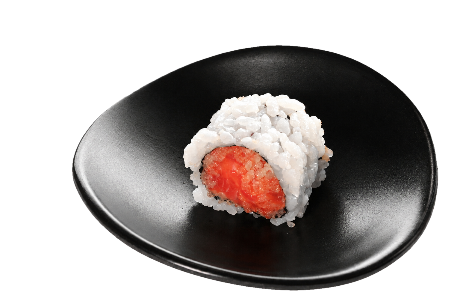 Sushi roll with rice and orange fish on black plate