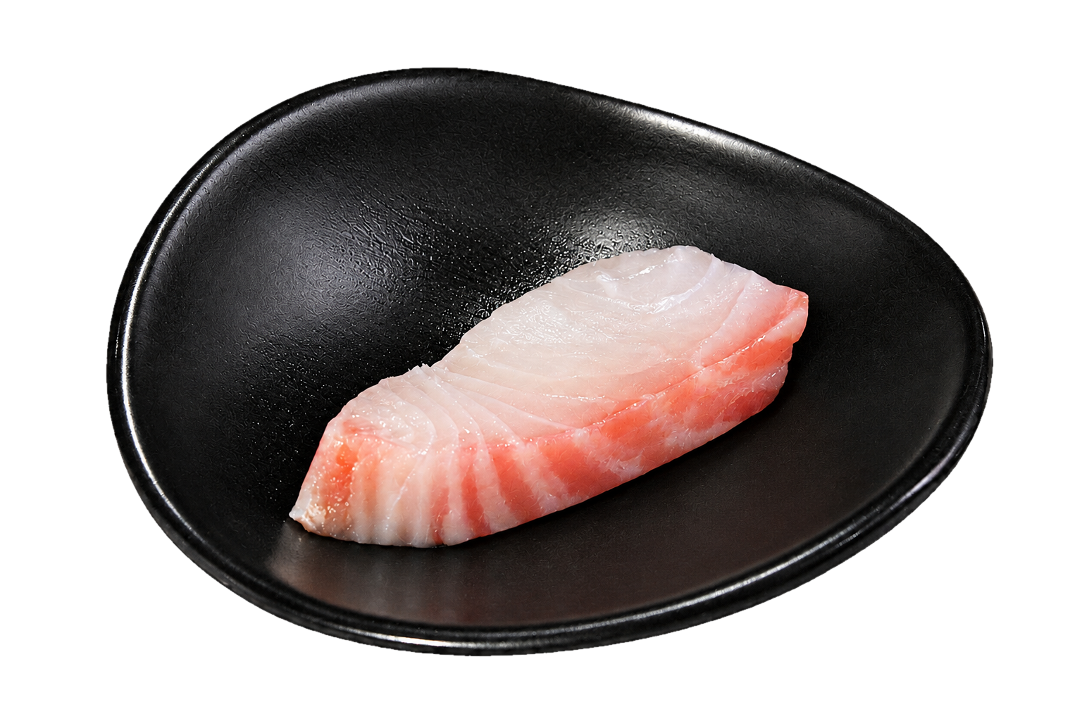 Raw fish fillet on a black plate.