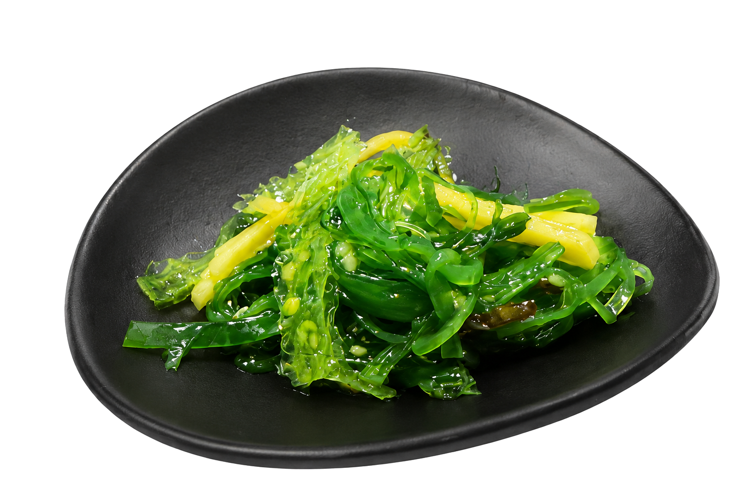 Seaweed salad with yellow strips, served on a black plate.