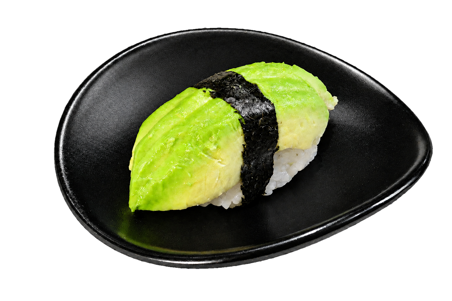 Sushi roll topped with sliced avocado, black seaweed strip in the center, on a black plate.