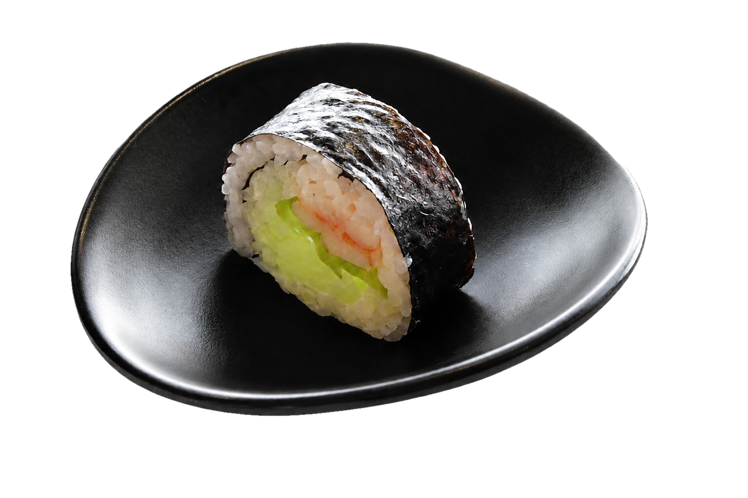 A piece of sushi roll with rice, cucumber, and shrimp, wrapped in seaweed on a black plate.