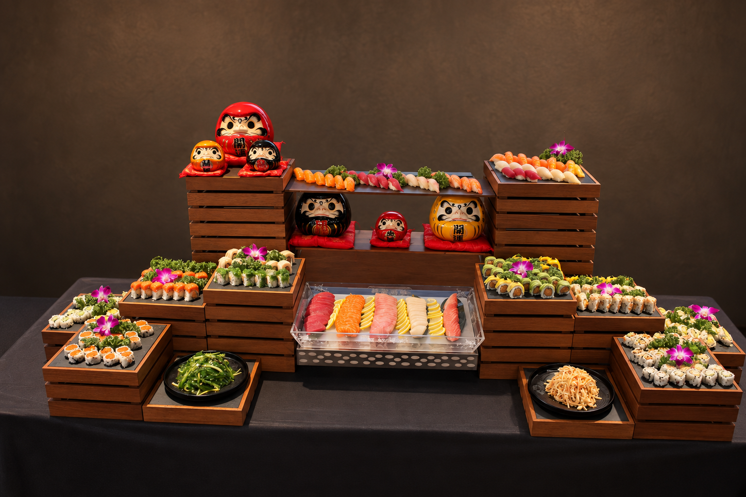 Sushi platter display with various sushi types, garnishes, and decorative Daruma dolls on a black table against a dark background.