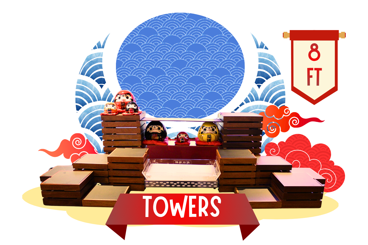 Display of traditional Japanese Daruma dolls on a wooden platform with decorative background, pointing to an 8-foot height sign, and a red banner with the word 'TOWERS'.