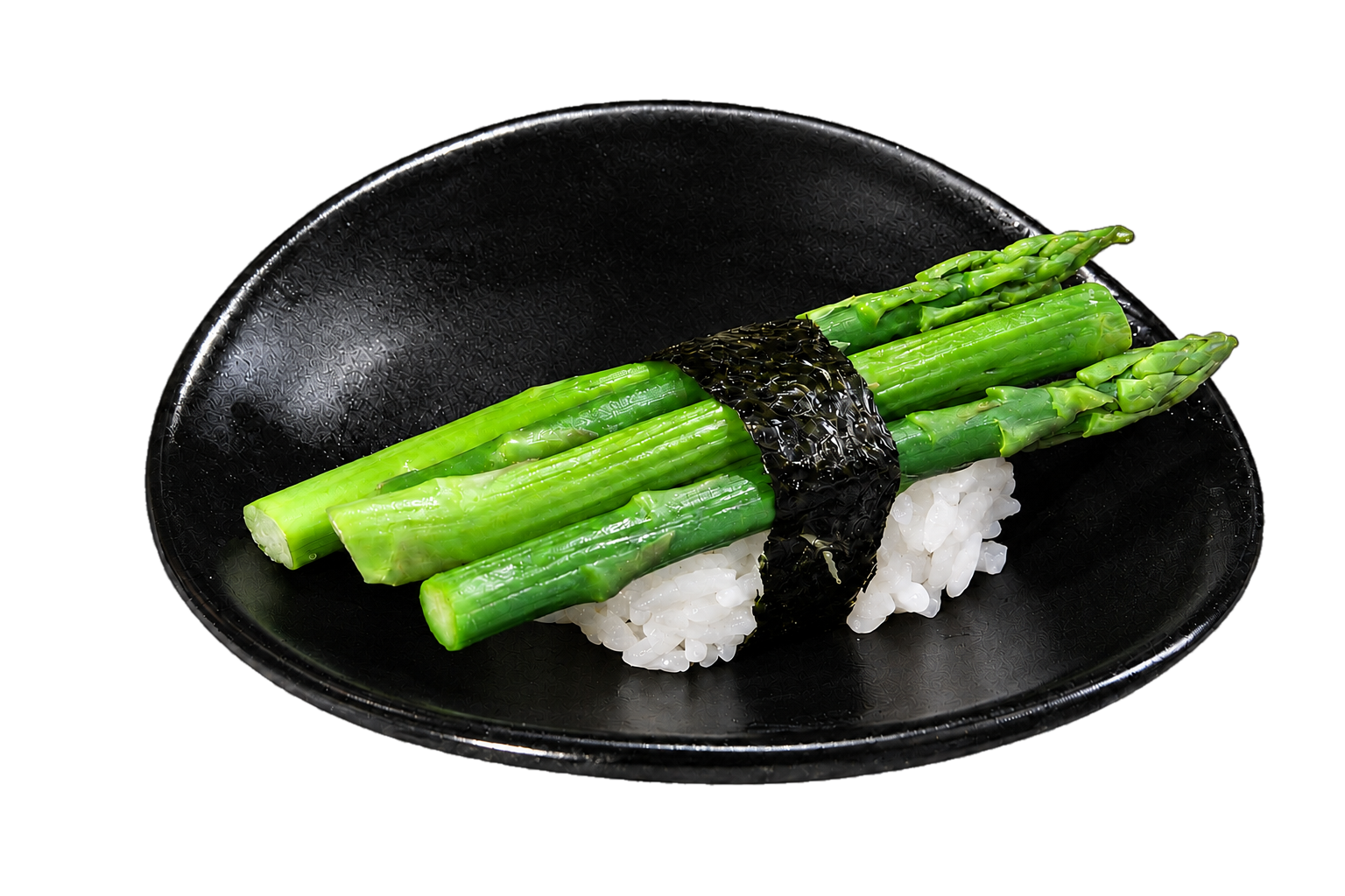 Sushi served with asparagus and black seaweed on a black plate