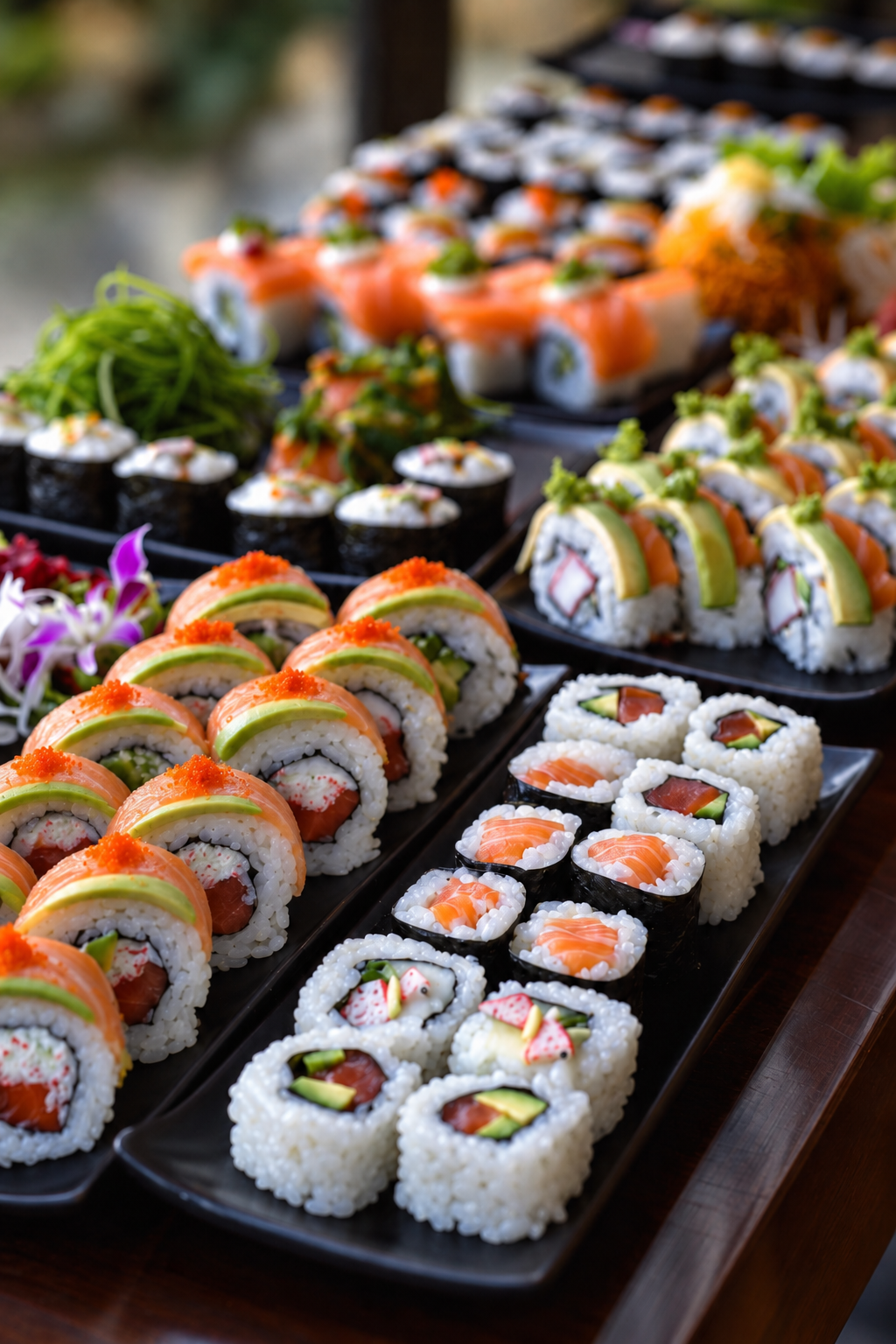 Assorted sushi rolls on black platters with sashimi, garnishes, and flowers.