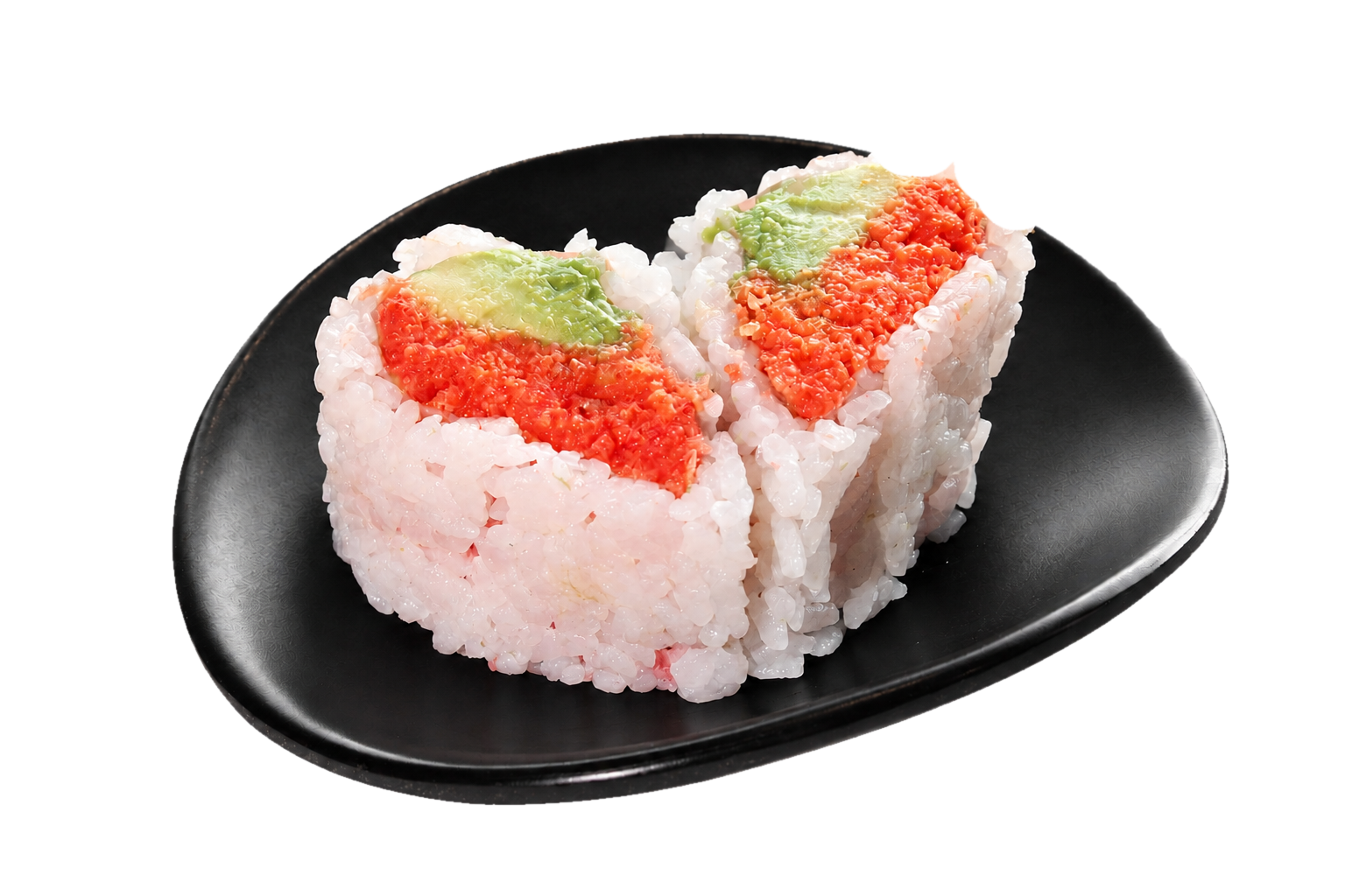 Two pieces of sushi rolls with white rice, topped with avocado, red fish roe, and a dollop of green wasabi on a black plate.