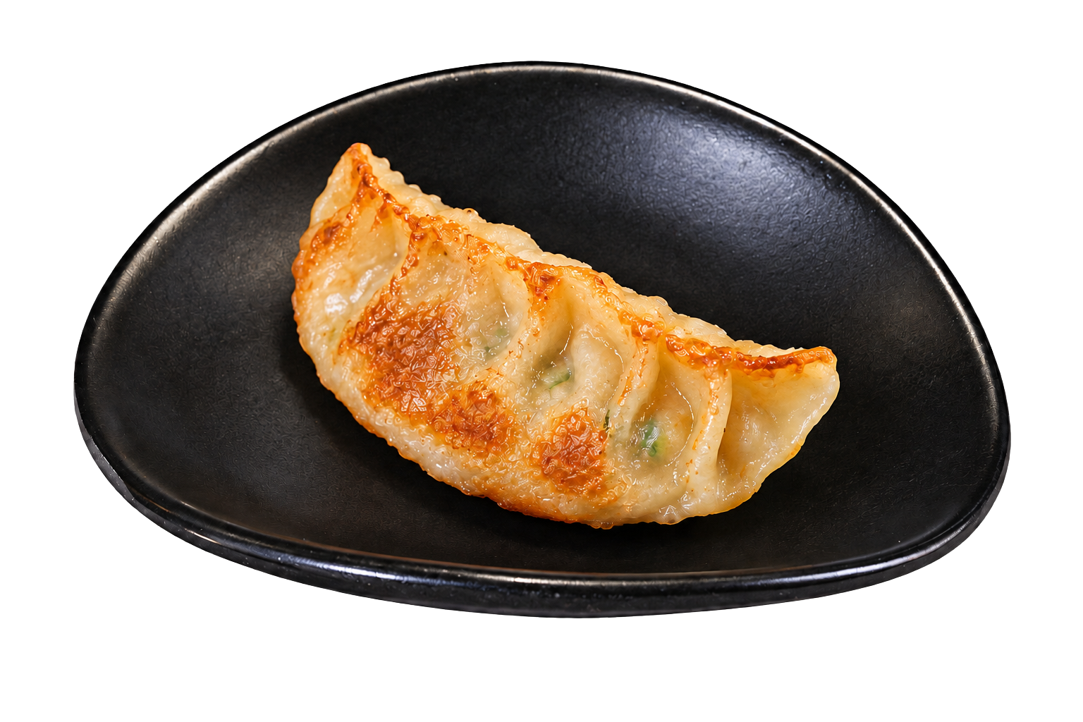 A cooked Korean dumpling, called mandu, with a crispy golden-brown exterior, resting on a black, oval-shaped plate.