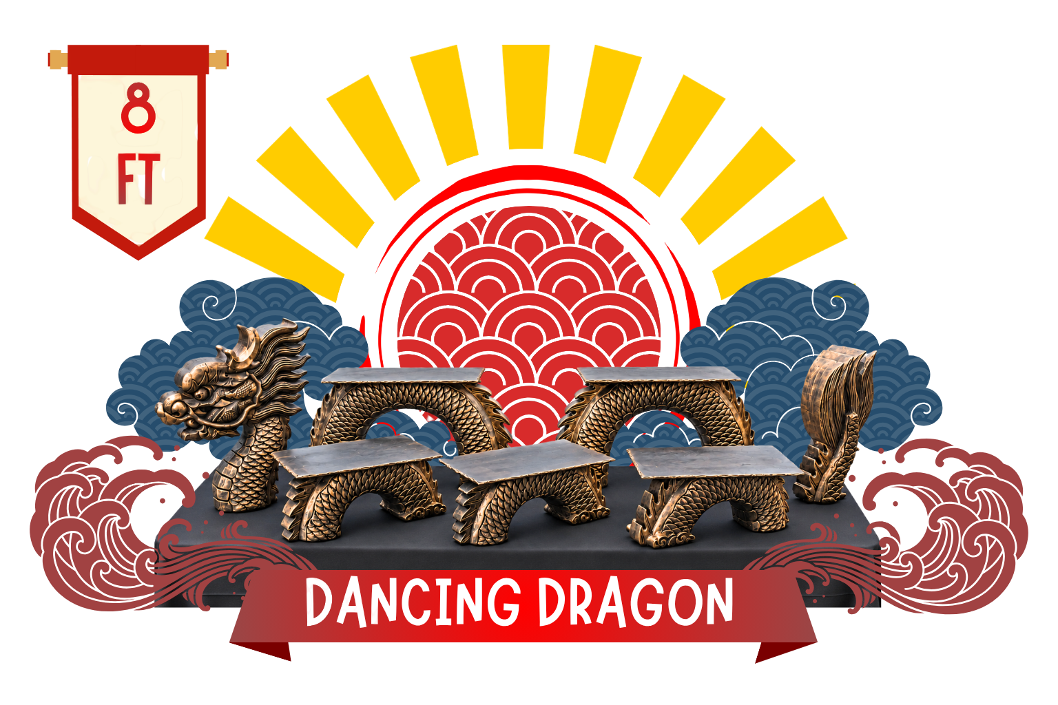 Illustration of a festive Asian-inspired scene with a red sun and golden rays, blue clouds, traditional dragon statues, and a red banner with white text that reads 'Dancing Dragon'.