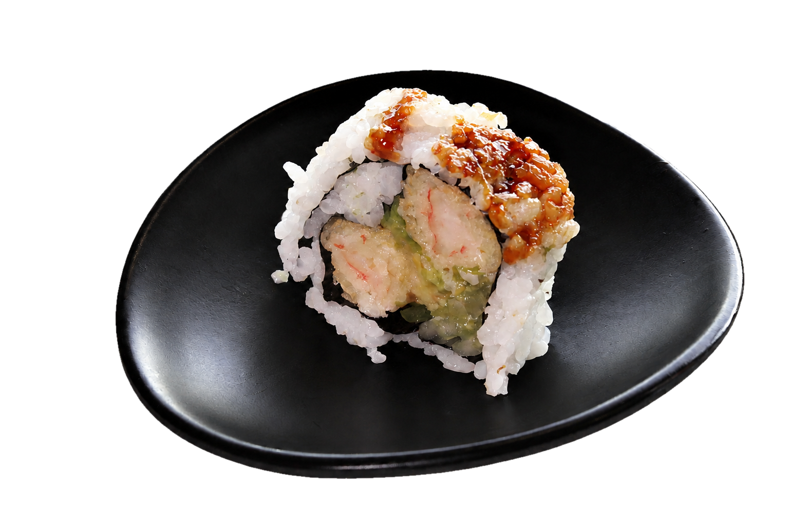 Sushi roll with tempura shrimp, wrapped in rice and nori, topped with eel sauce on a black plate