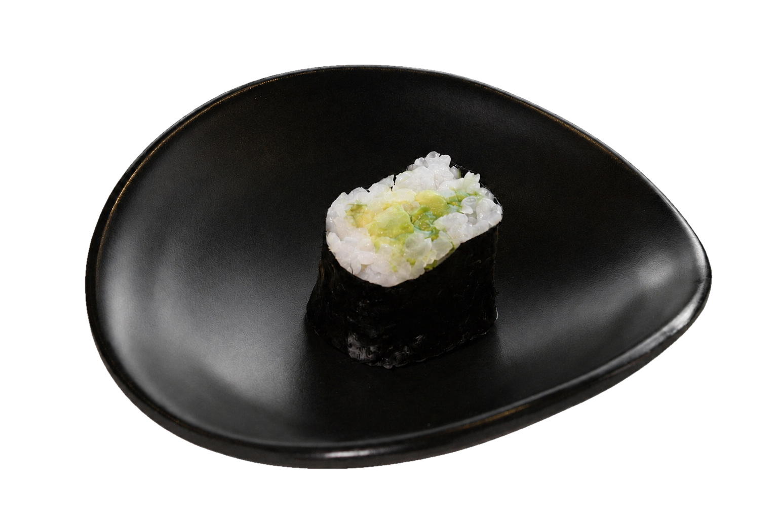 A piece of sushi with rice, avocado, and seaweed on a black plate.
