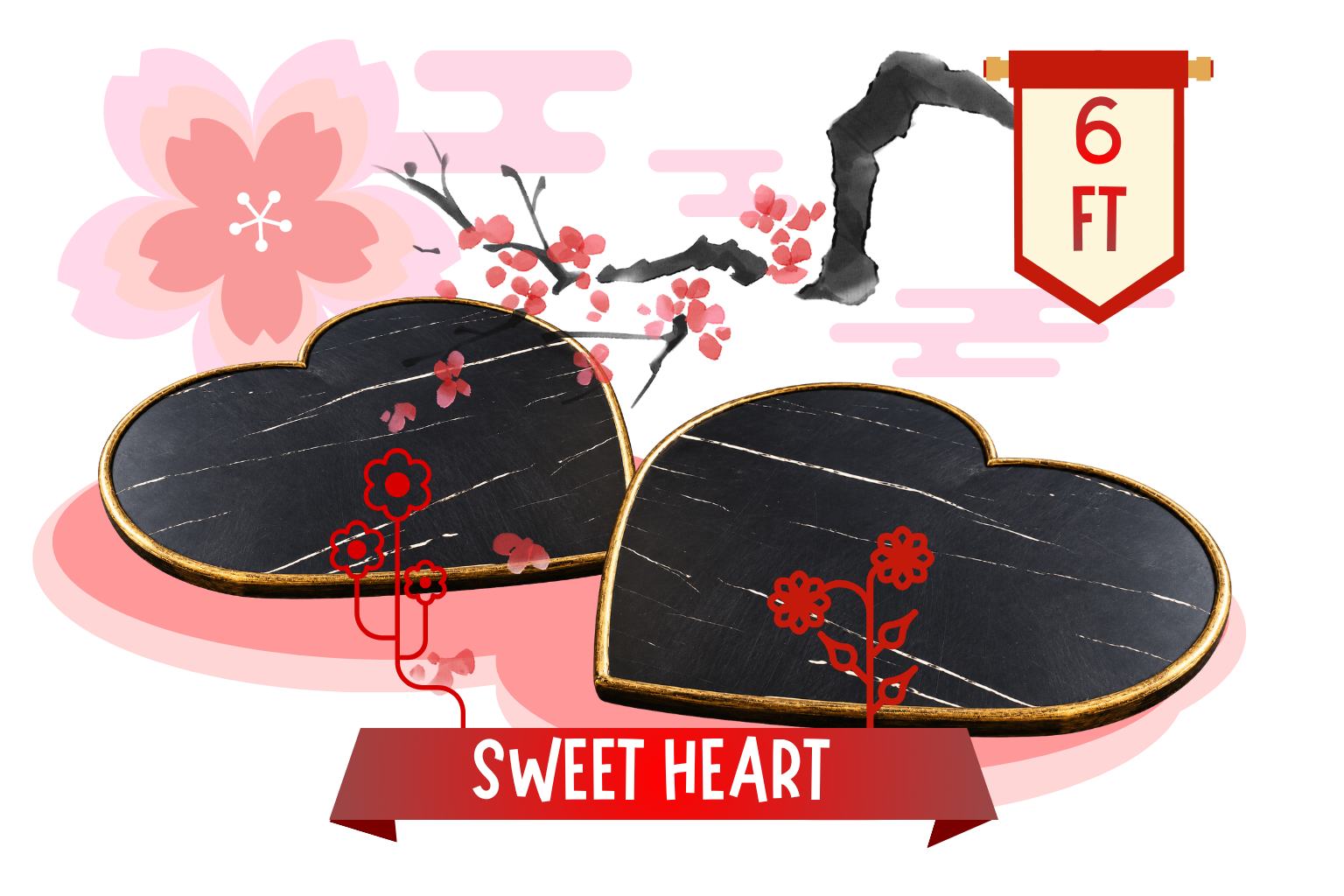 Decorative illustration featuring two black heart-shaped chalkboards with gold edges, cherry blossom flowers, pink clouds, and a red banner with 'Sweet Heart' text. A hanging sign indicates '6 FT'.