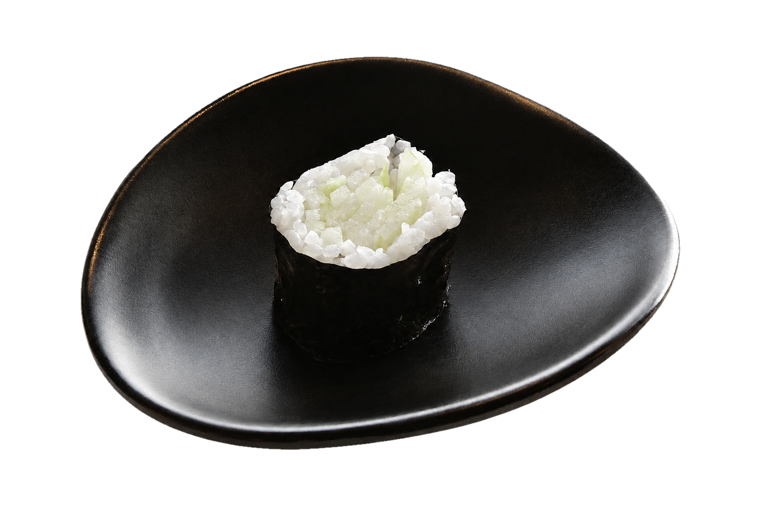 A piece of cucumber sushi roll with rice and seaweed on a black plate