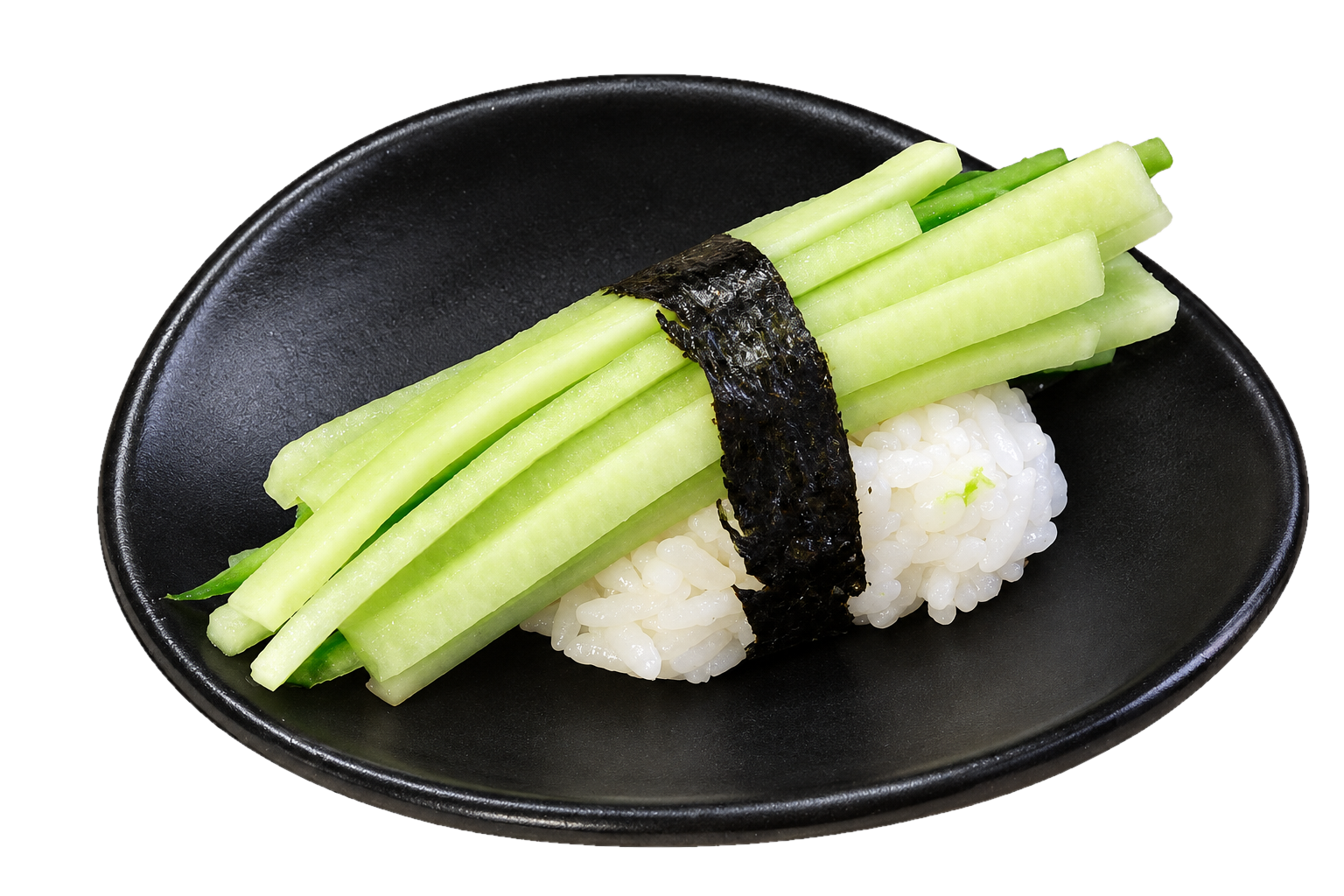 A black plate with sushi featuring cucumber strips, white rice, and a strip of seaweed.