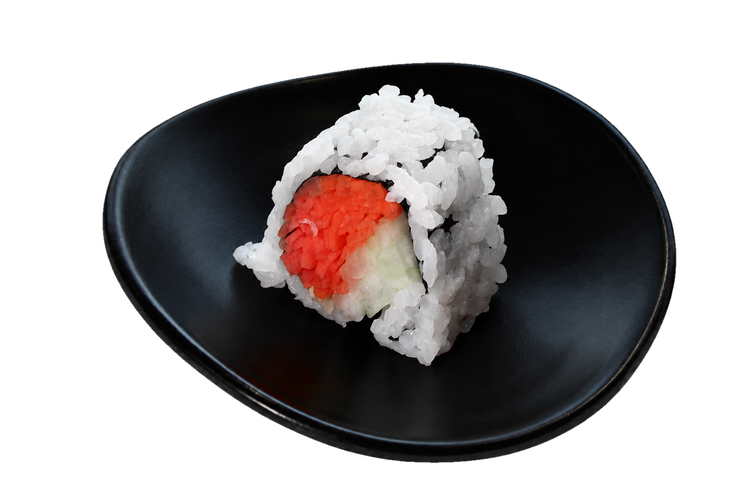 A piece of sushi roll with white rice, imitation crab, cucumber, and seaweed in a black bowl.