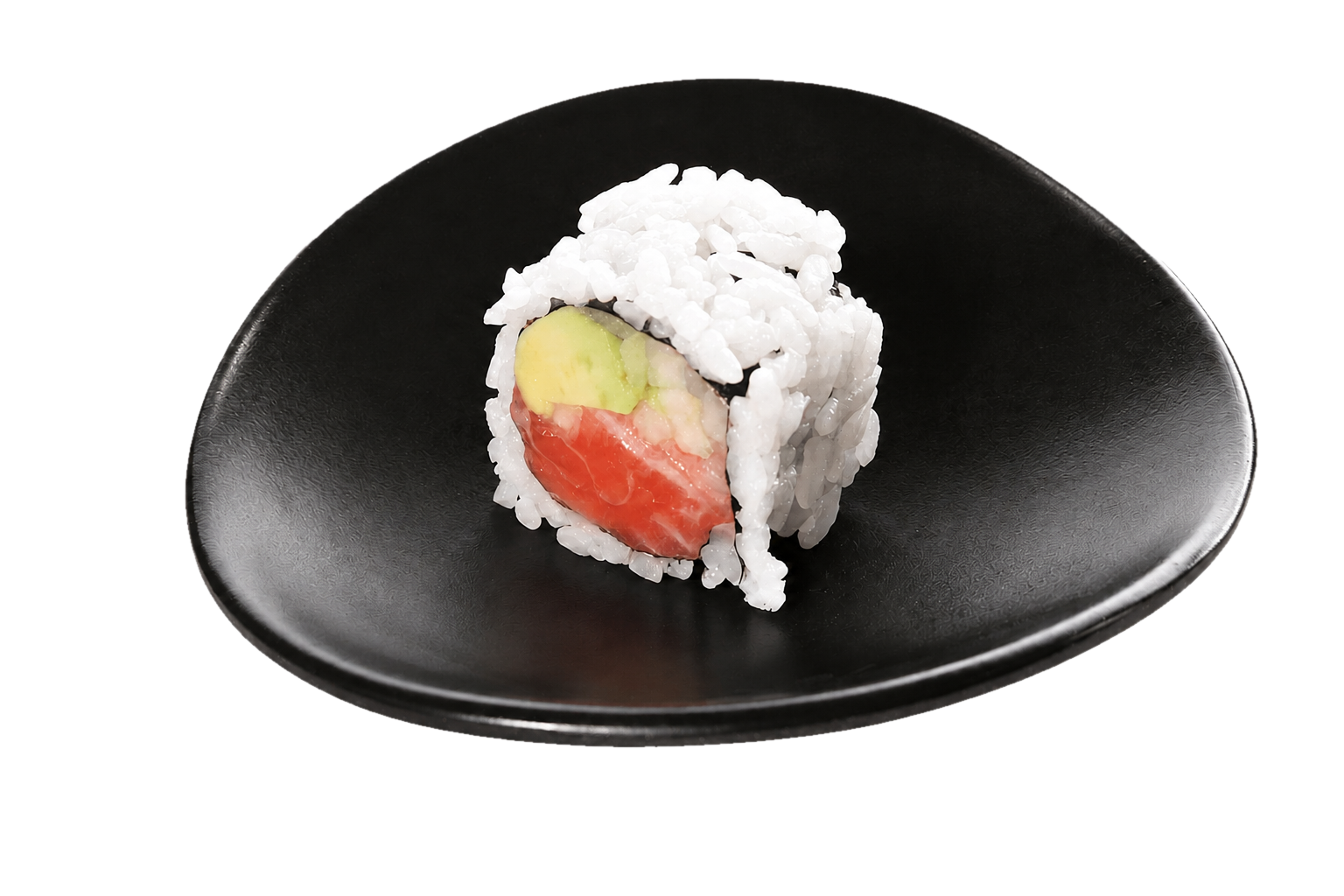 A sushi roll with rice, salmon, avocado, and cucumber on a black plate.