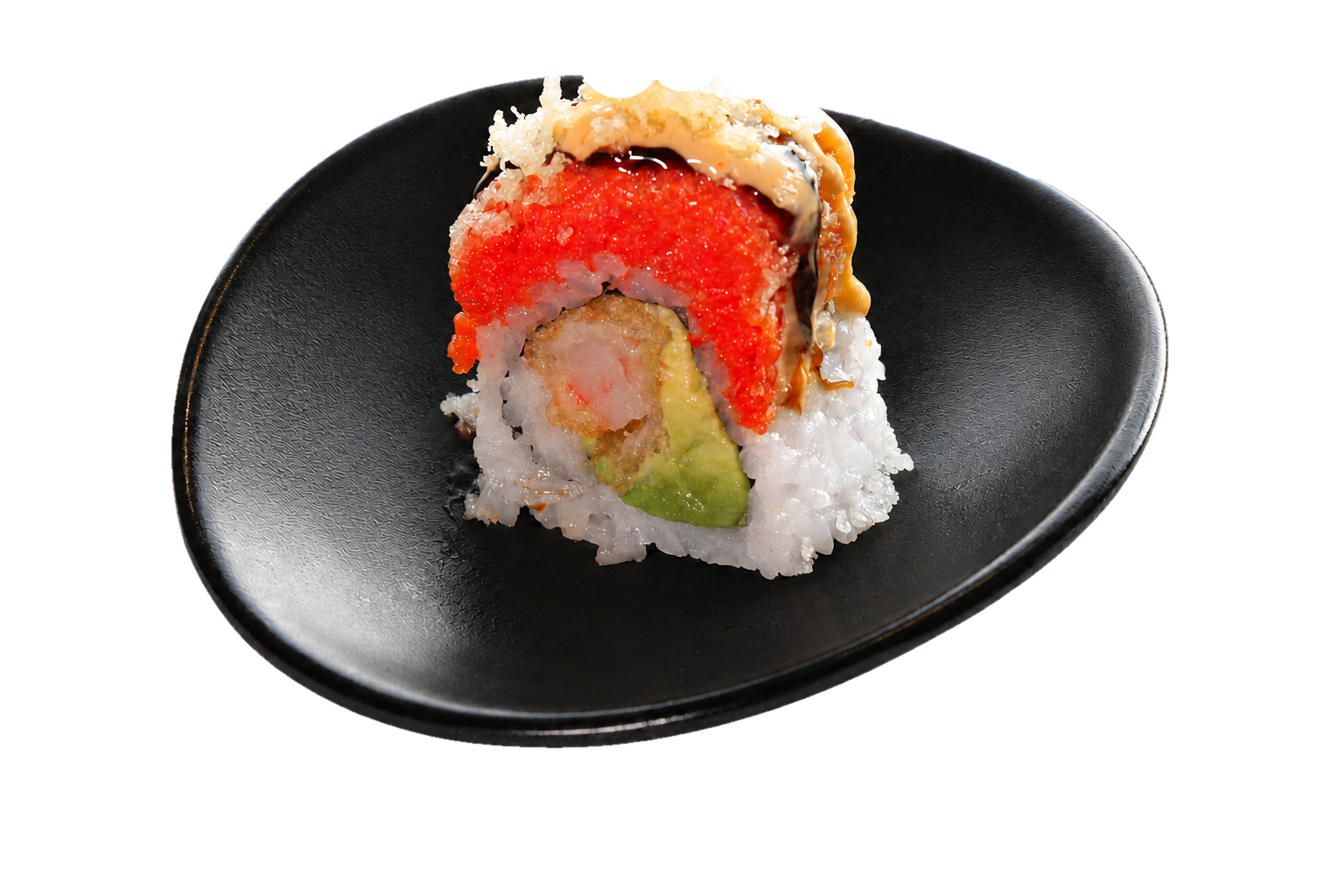 A close-up of a sushi roll with rice, avocado, crab, and colorful fish roe, served on a black plate.
