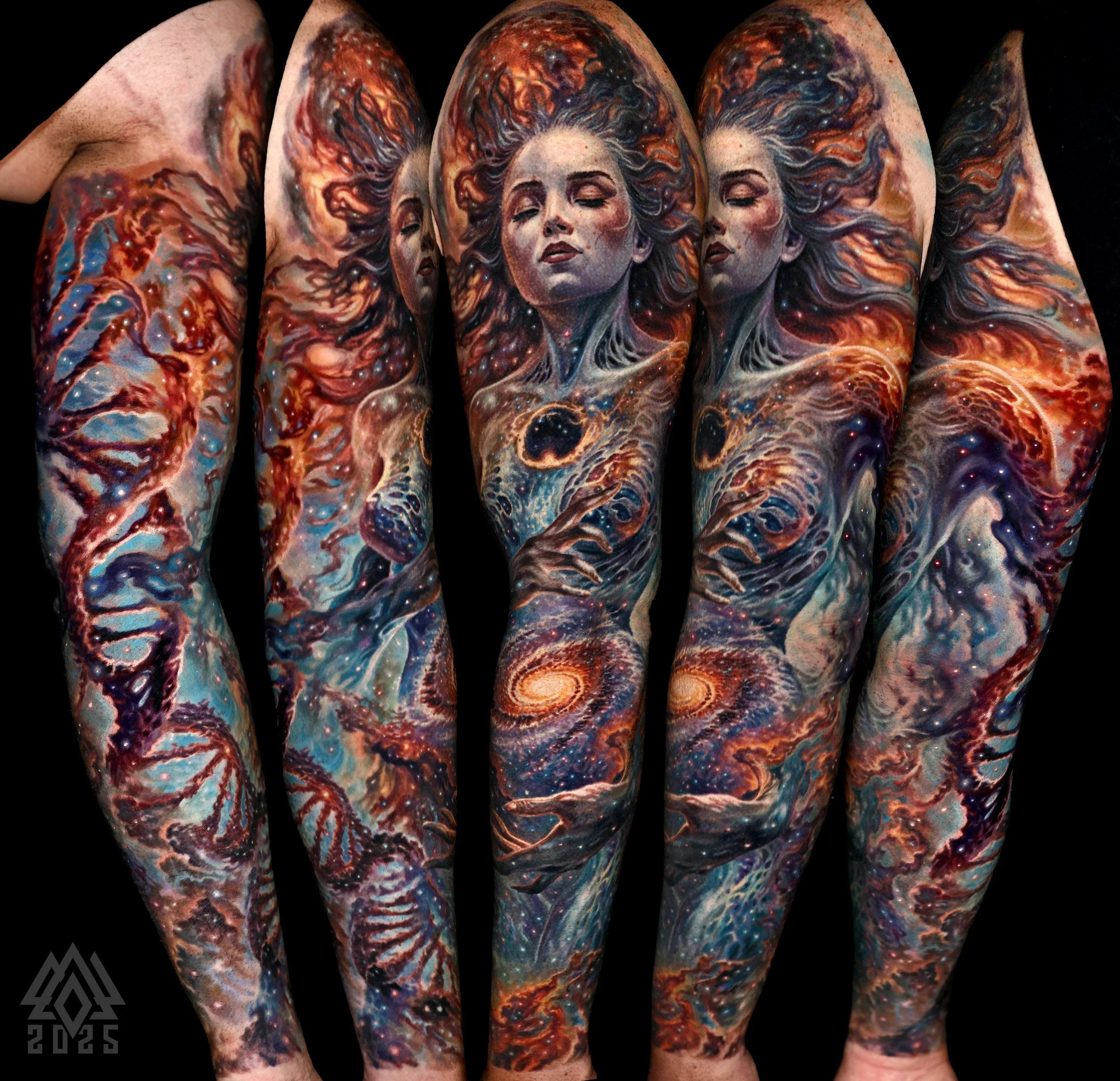 Tattoo of a woman's face with eyes closed and flowing hair, surrounded by cosmic and abstract designs on a person's arm.