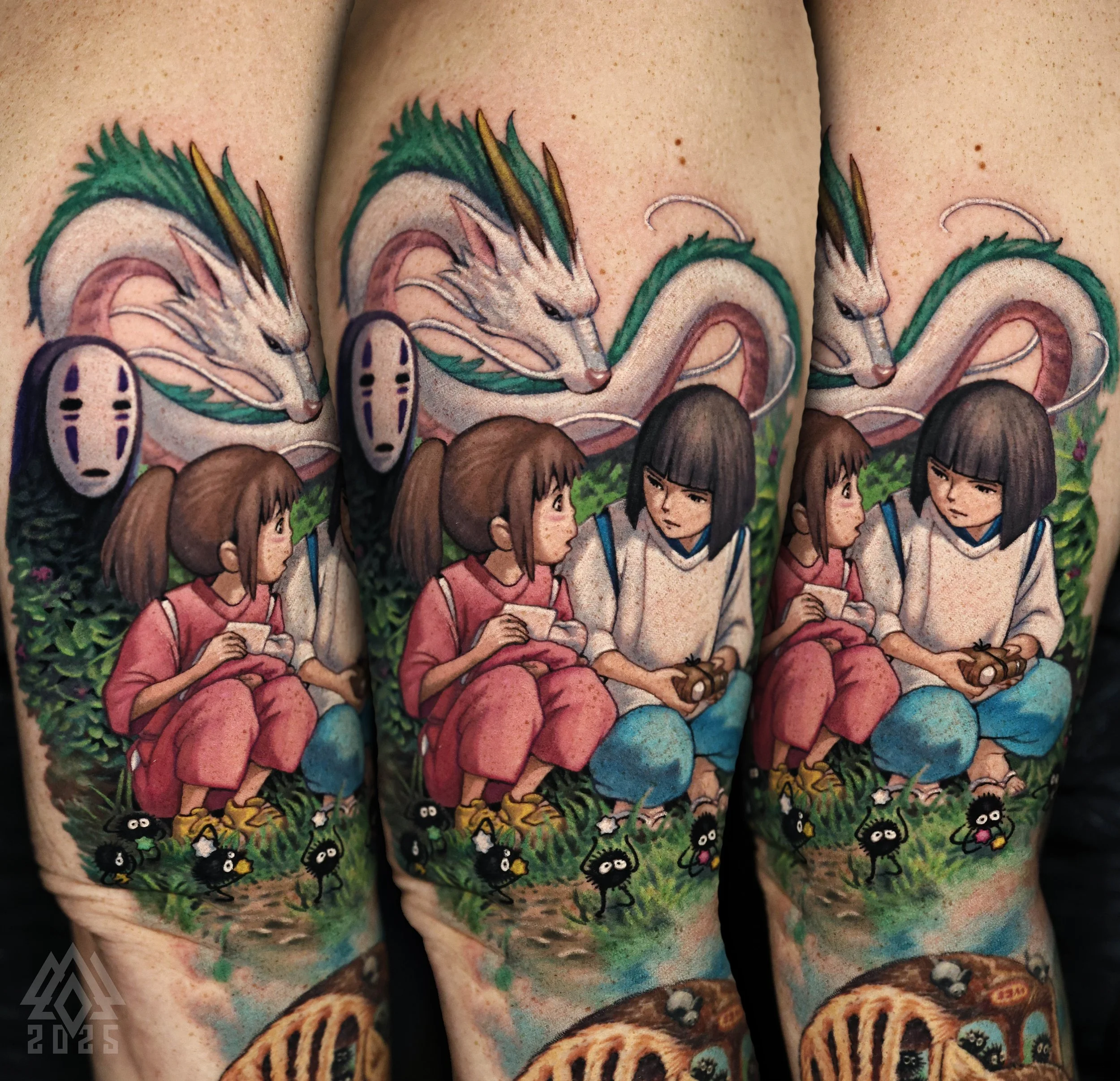 Close-up photo of a colorful traditional Japanese Irezumi tattoo featuring a dragon and a girl.