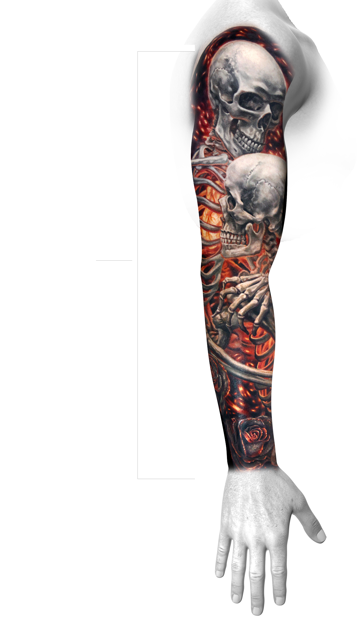 Full color tattoo sleeve of skulls and ribs in fire, completed in 8 sessions by Javi Antunez at Tattooed Theory.