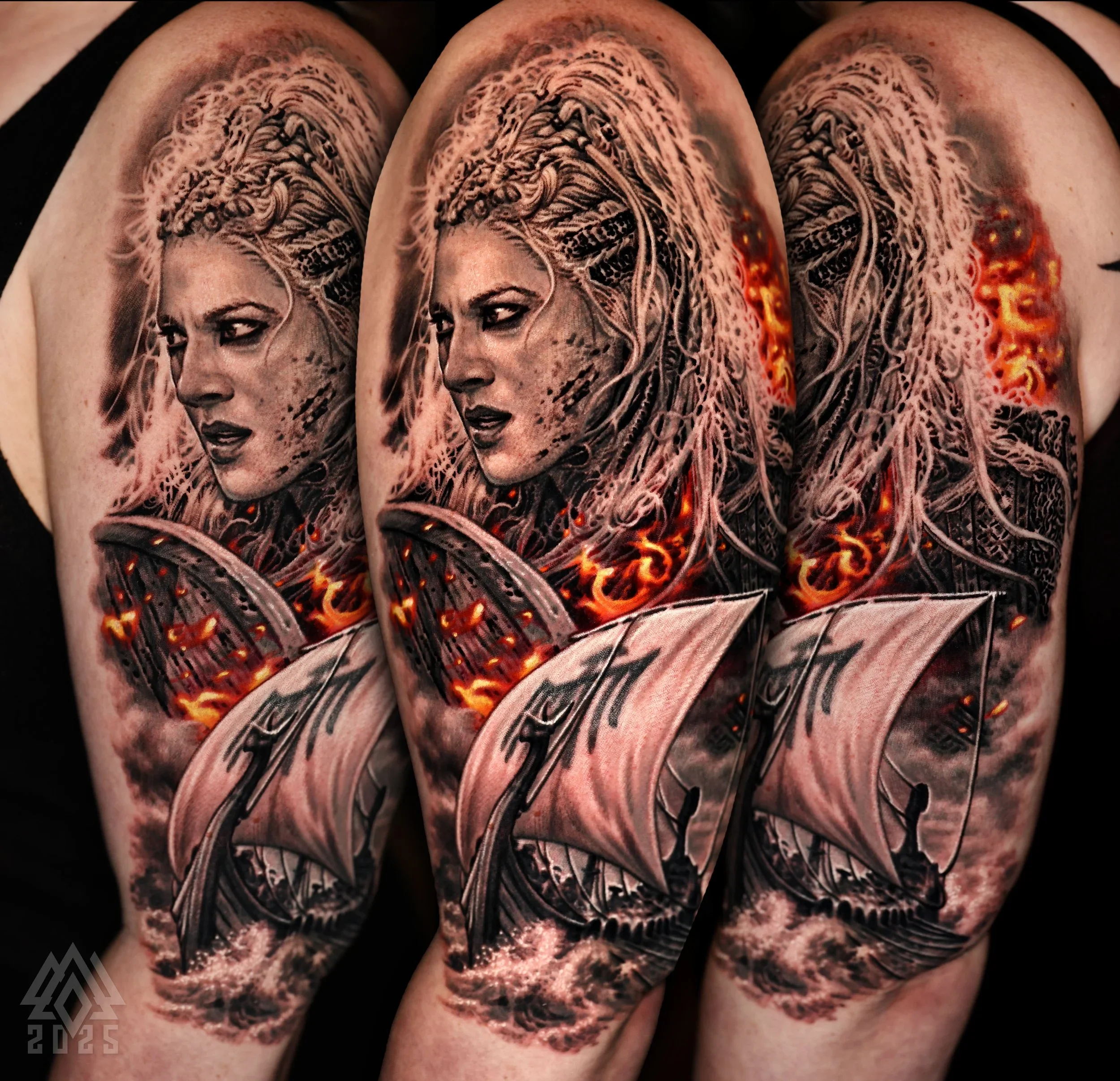 Tattoo of a woman's face with flowing hair, flames, and abstract patterns on skin
